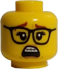 Minifigure, Head Dual Sided Female, Reddish Brown Eyebrows, Glasses, Nougat Lips, Braces, Open Smile / Scared Pattern - Hollow Stud