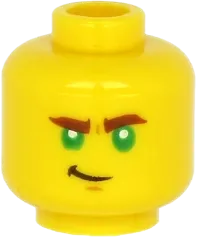 Minifigure, Head Dual Sided Reddish Brown Thick Eyebrows, Green Eyes, Chin Dimple, Lopsided Grin / Scared with Teeth Pattern - Hollow Stud