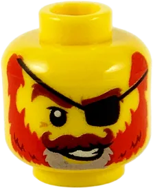Minifigure, Head Reddish Brown Eyebrows and Moustache, Black Eye Patch, Gray Goatee, Smile with White Teeth, and Red Beard Pattern - Hollow Stud