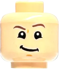 Minifigure, Head Dual Sided Dark Brown Eyebrows, Lopsided Grin with Raised Left Eyebrow / Scared Pattern - Hollow Stud