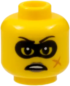 Minifigure, Head Female Black Eye Mask and Eyebrows, Scar and Black Lips Grimace Pattern - Hollow Stud