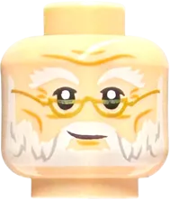 Minifigure, Head Dual Sided White Eyebrows and Beard, Gold Glasses, Grin / Smile with Teeth Pattern - Hollow Stud