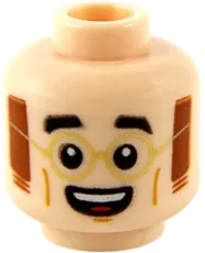 Minifigure, Head Dual Sided Black Eyebrows, Gold Glasses, Reddish Brown Mutton Chops, Grin / Open Mouth Smile Pattern - Hollow Stud