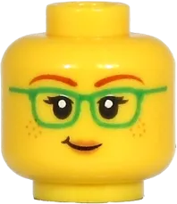Minifigure, Head Dual Sided Female, Dark Red Eyebrows, Green Glasses, Peach Lips, Freckles, Lopsided Grin / Covered with Cocoa Pattern - Hollow Stud