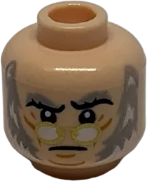 Minifigure, Head Black and Light Bluish Gray Eyebrows, Gold Glasses, Chin Lines, Light Bluish Gray and White Sideburns Pattern - Hollow Stud