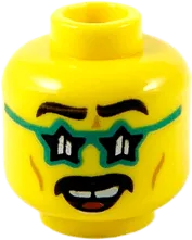Minifigure, Head Dual Sided Black Eyebrows and Moustache, Dark Turquoise Star Glasses, Gap in Teeth, Smile / Scared Pattern - Hollow Stud