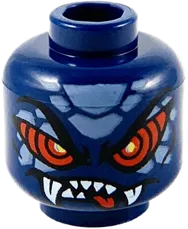 Minifigure, Head Alien Sand Blue Scales, Large Red Eyes, Sharp Teeth and Fangs Pattern - Hollow Stud