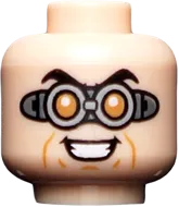 Minifigure, Head Dual Sided Black Eyebrows, Silver Goggles with Orange Circular Lenses, Evil Grin / Worried Expression Pattern - Hollow Stud