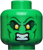 Minifigure, Head Dual Sided Alien Dark Green Eyebrows and Cheek Lines, Small Yellow Eyes, Smile / Angry Pattern - Hollow Stud