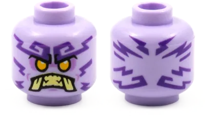 Minifigure, Head Alien Ninjago Islander with Dark Purple Tattoos, Bright Light Orange Eyes, Medium Lavender Eye Shadow, Tan Teeth and Tusks Pattern - Hollow Stud