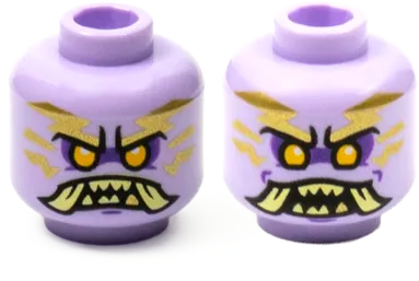 Minifigure, Head Dual Sided Alien Ninjago Islander with Gold Tattoos, Bright Light Orange Eyes, Dark Purple Eye Shadow, Tan Teeth and Tusks, Closed Mouth / Open Mouth Pattern - Hollow Stud