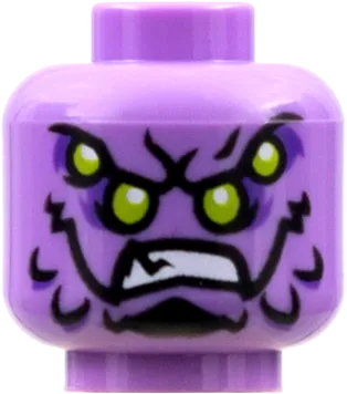 Minifigure, Head Alien with Four Lime Eyes, Dark Purple Eye Shadow, Black Chin and Markings, and Bared Teeth Pattern - Hollow Stud