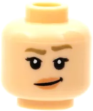 Minifigure, Head Dual Sided Female Dark Tan Eyebrows, Nougat Lips, Open Mouth Smile with Teeth / Lopsided Grin with Raised Eyebrow Pattern - Hollow Stud