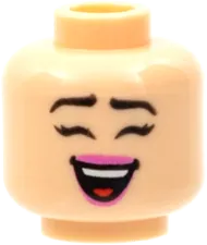 Minifigure, Head Dual Sided Female, Black Eyebrows, Dark Pink Lips, Surprised / Open Smile with Closed Eyes Pattern - Hollow Stud