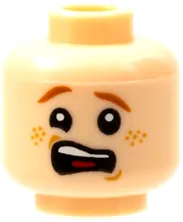Minifigure, Head Dual Sided, Scared Open Mouth with Dark Red Eyebrows and Freckles / Dark Brown Eyebrows and Small Mouth Pattern - Hollow Stud