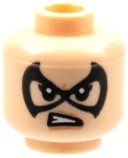 Minifigure, Head Dual Sided Female, Large Black Domino Mask, Peach Lips, Lopsided Grin / Gritted Teeth Pattern - Hollow Stud