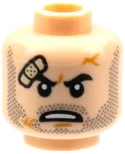 Minifigure, Head Dual Sided, Black Eyebrows, Dark Bluish Gray Stubble, Grin with Raised Eyebrow / Scowl with Bandage Pattern - Hollow Stud