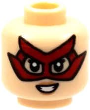 Minifigure, Head Dual Sided Female, Red Domino Mask with 4 Points, Peach Lips, Smile / Sneer Pattern - Hollow Stud