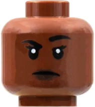 Minifigure, Head Dual Sided Female, Black Eyebrows, Dark Brown Lips, Raised Right Eyebrow / Smile with Teeth Pattern - Hollow Stud