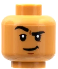 Minifigure, Head Dual Sided, Black Eyebrows, Smile with Teeth / Grin with Raised Eyebrow Right Pattern - Hollow Stud