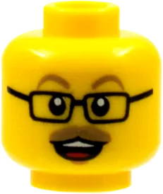 Minifigure, Head Dark Tan Eyebrows and Moustache, Black Glasses, Open Mouth with Teeth and Tongue Pattern - Hollow Stud