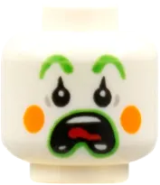Minifigure, Head Dual Sided Clown Bright Green Eyebrows and Lips, Orange Circles on Cheeks, Red Tongue, Open Smile / Scared Pattern - Hollow Stud
