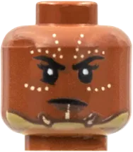 Minifigure, Head Dual Sided Female, Black Eyebrows, Rows of Tan Dots, Chinstrap, Smile / Frown Pattern - Hollow Stud