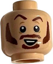 Minifigure, Head Dual Sided, Reddish Brown Eyebrows, Moustache, Sideburns Raised Eyebrow with Smirk / Angry with Iron Burn Print Pattern - Hollow Stud