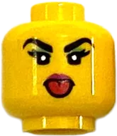 Minifigure, Head Female, Black Eyebrows and Eyelashes, Bright Green Mascara, Open Mouth Smile, Red Lips Pattern - Hollow Stud