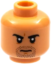 Minifigure, Head Dual Sided, Black Eyebrows and Goatee Stubble, Frown / Open Smile with Teeth Pattern - Hollow Stud