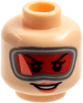 Minifigure, Head Female Red Large Goggles, Coral Lips, Open Smile Pattern - Hollow Stud