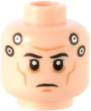 Minifigure, Head Black Eyebrows, Dark Orange Cheek Lines and Chin Dimple, Silver Circles and Metal Mechanical Panel Pattern - Hollow Stud