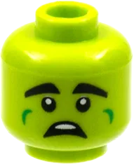 Minifigure, Head Dual Sided Alien, Thick Black Eyebrows, Green Cheek Dimples, Scared / Wide Grin with Teeth Pattern - Hollow Stud