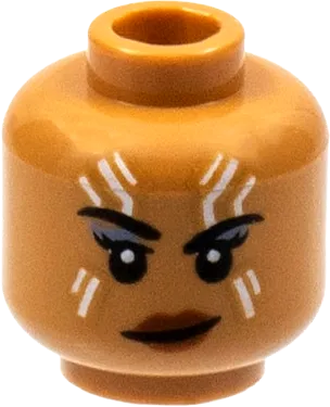 Minifigure, Head Female Black Eyebrows, White Tattoos on Forehead and Cheeks, Lopsided Grin Pattern - Hollow Stud