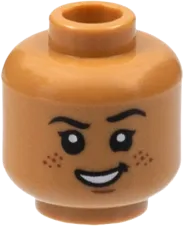 Minifigure, Head Dual Sided, Black Eyebrows and Eyes with White Pupils, Smirk with Open Mouth Smile, Reddish Brown Freckles / Sad Pattern - Hollow Stud