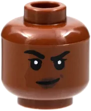 Minifigure, Head Dual Sided Female, Black Eyebrows, Dark Brown Lips, Smile with Teeth / Lopsided Grin with Raised Eyebrow Right Pattern - Hollow Stud
