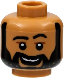 Minifigure, Head Black Eyebrows and Beard with White Spots, Reddish Brown Lines over Eyes, Smile with Teeth Pattern - Hollow Stud