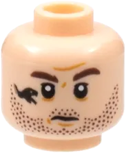 Minifigure, Head Dual Sided Beard Stubble, Reddish Brown Eyebrows, Black Snake Tattoo, Mouth Closed / Mouth Open Pattern - Hollow Stud