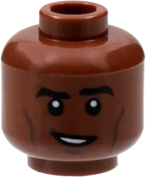 Minifigure, Head Thick Black Eyebrows, Dark Brown Contour Lines, Lopsided Smile with Teeth Pattern - Hollow Stud