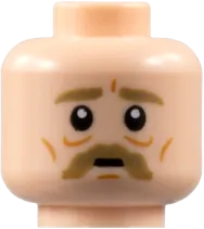 Minifigure, Head Dual Sided Dark Tan Thick Eyebrows and Moustache, Nougat Cheek Lines / Dark Orange Eyebrows, Worried Smile Pattern - Hollow Stud