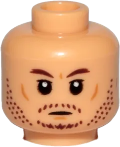 Minifigure, Head Dark Brown Eyebrows, Stubble, Nougat Cheek Lines and Chin Dimple Pattern - Hollow Stud
