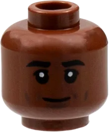 Minifigure, Head Thick Black Eyebrows, Dark Bluish Gray Cheek Lines and Chin Dimple, Closed Grin Pattern - Hollow Stud