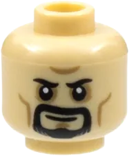 Minifigure, Head Dual Sided Black Eyebrows and Goatee, Dark Tan Cheek Lines and Chin Dimple, Neutral / Scowl with Third Eye Pattern - Hollow Stud