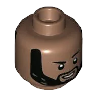 Minifigure, Head Dual Sided Black Eyebrows and Beard, Neutral / Grin with Raised Left Eyebrow Pattern - Hollow Stud