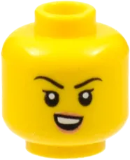 Minifigure, Head Dual Sided Female Child, Black Eyebrows, Peach Lips, Lopsided Grin / Open Smile with Teeth Pattern - Hollow Stud