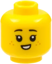 Minifigure, Head Dual Sided Female Child, Black Eyebrows, Medium Nougat Freckles, Lopside Grin / Small Smile with Teeth Pattern - Hollow Stud