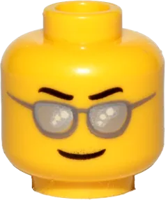 Minifigure, Head Glasses with Silver Sunglasses, Black Eyebrows Wavy, Thin Grin Pattern - Hollow Stud