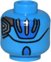 Minifigure, Head Alien Female with Blue Face, Dark Blue Lips, Mechanical Left Eye, Copper Plates, and Silver Stripes on Back Pattern - Hollow Stud