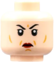 Minifigure, Head Dual Sided Female Black Eyebrows, Dark Red Lips, Medium Nougat Contour Lines, Small Smile / Scowl Pattern - Hollow Stud