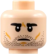 Minifigure, Head Dual Sided, Black Eyebrows, Neutral with Stubble / Surprised with Black Glasses and Lightning Scar Pattern - Hollow Stud